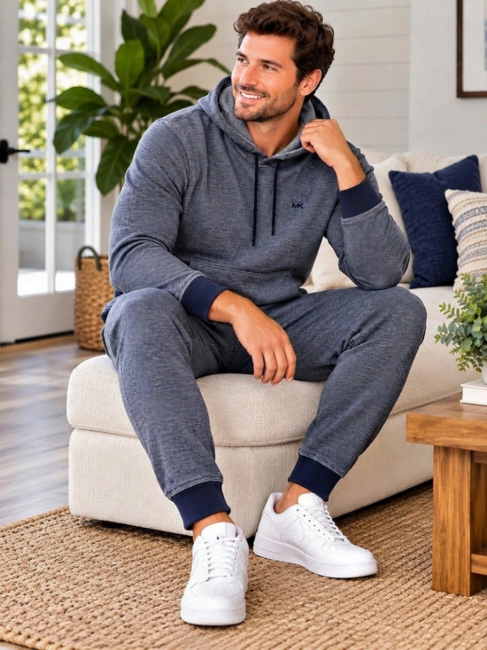 Michael Kors Men's Heathered Hoodie and Jogger Tracksuit Set Blue Large